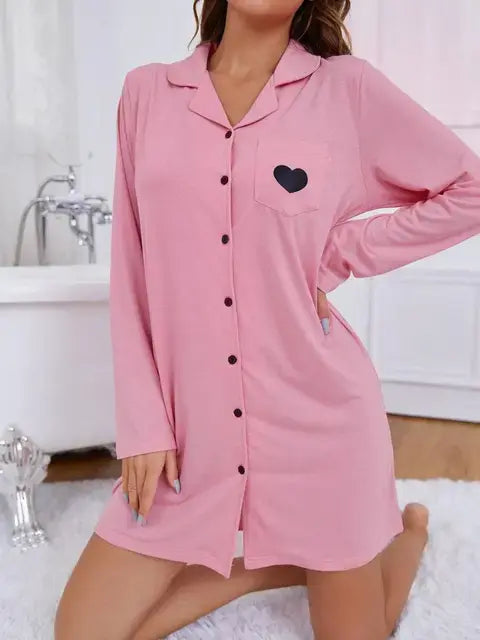 Notched Collar Women's Nightgown Boy Friend Nightwear Shirt Solid Long Sleeves Sleepwear Front Button Homewear Suit Cloth