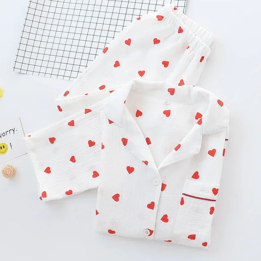 Love Printed Women's Pajamas Sweet Heart Pure Cotton Sleepwear Comfort Soft nightwear Tiktok Popular Lovely cute Two piece set
