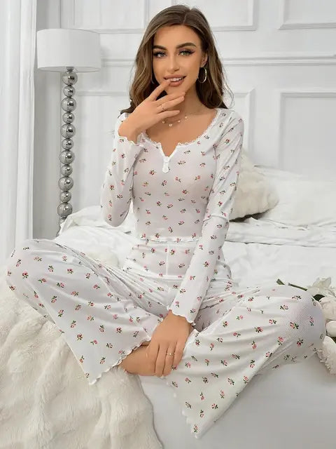 Women's Sleepwear Ditsy Floral Print Lettuce Trim PaJamas Set  Elastic Waistband  Loungewear Full Sleeve Nightwear